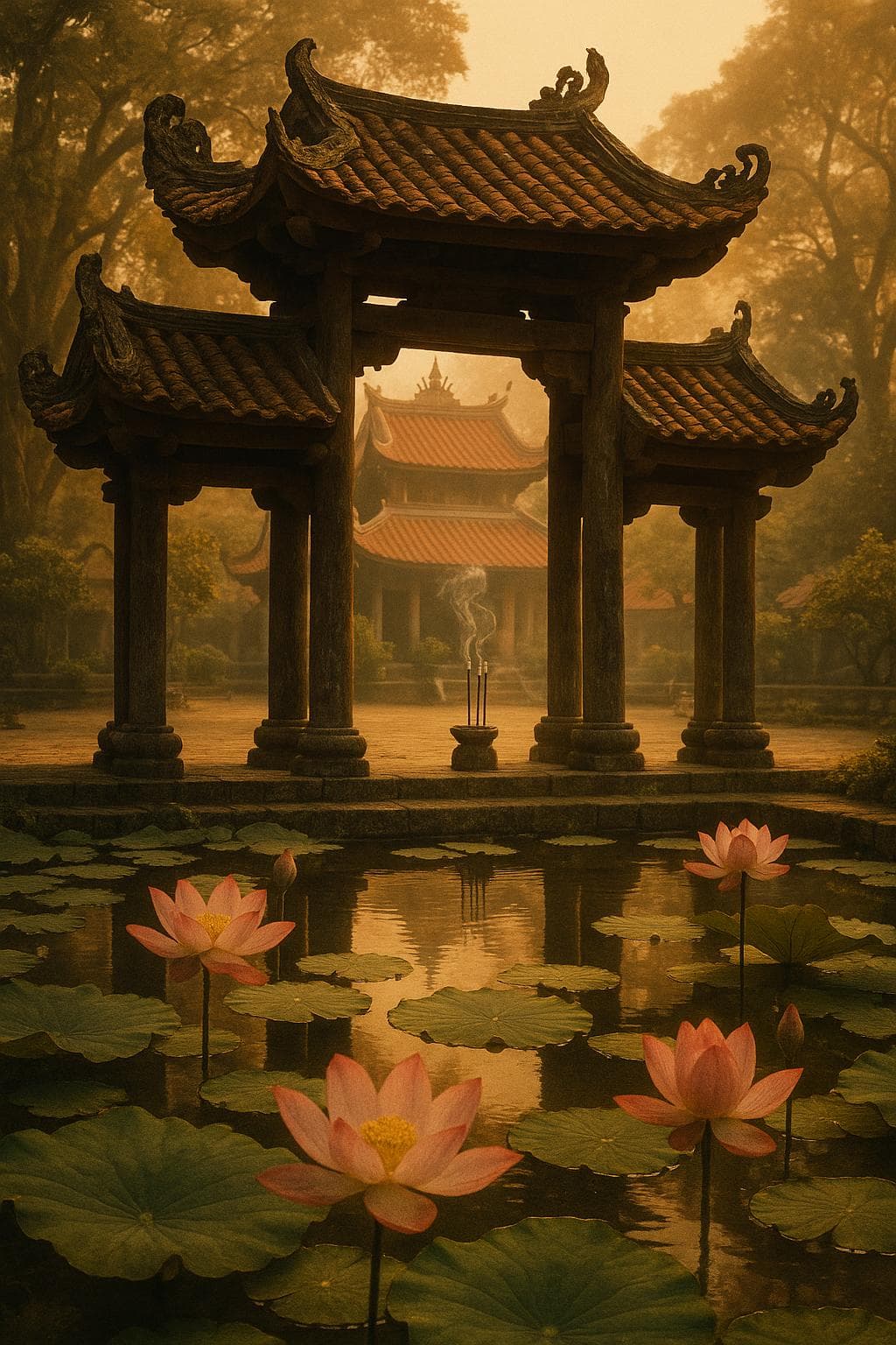 Sân chùa lúc bình minh